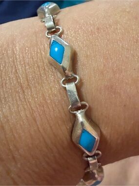 Sterling Silver Blue Inlay Bracelet - Elegant Women's Jewelry